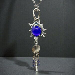 Artisan-Crafted Flail Pendant W/ Vintage Cobalt Glass Marble Quartz Lapis Lazuli